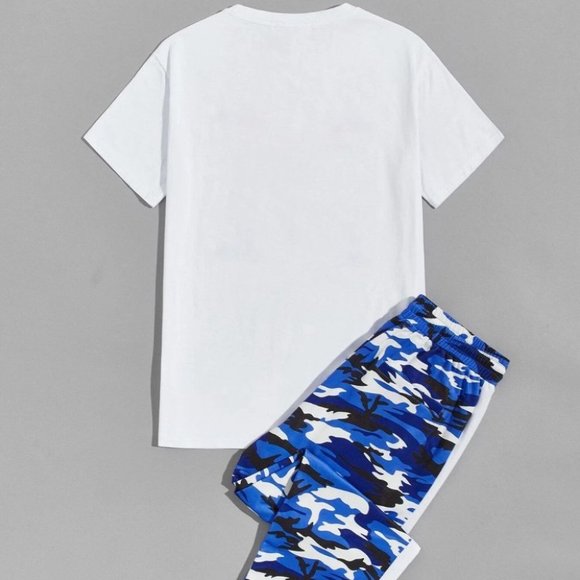 Casual Streetstyle Blue Camo Men Graphic Top & Sweatpants Set - Picture 3 of 6